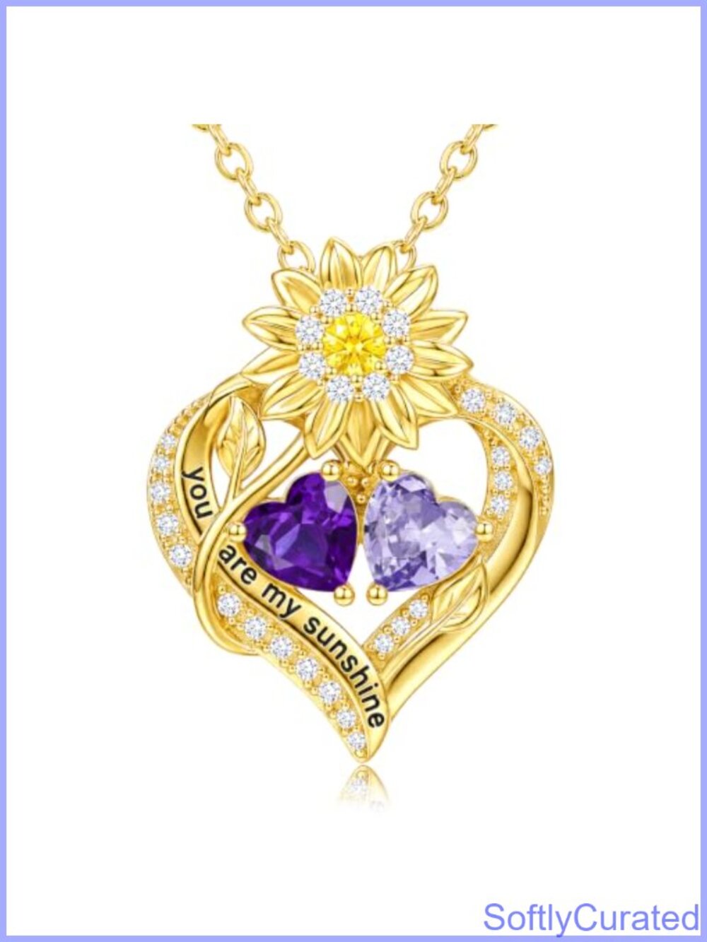 14K Gold Sunflower Heart Pendant Necklace Double Birthstone Adjustable